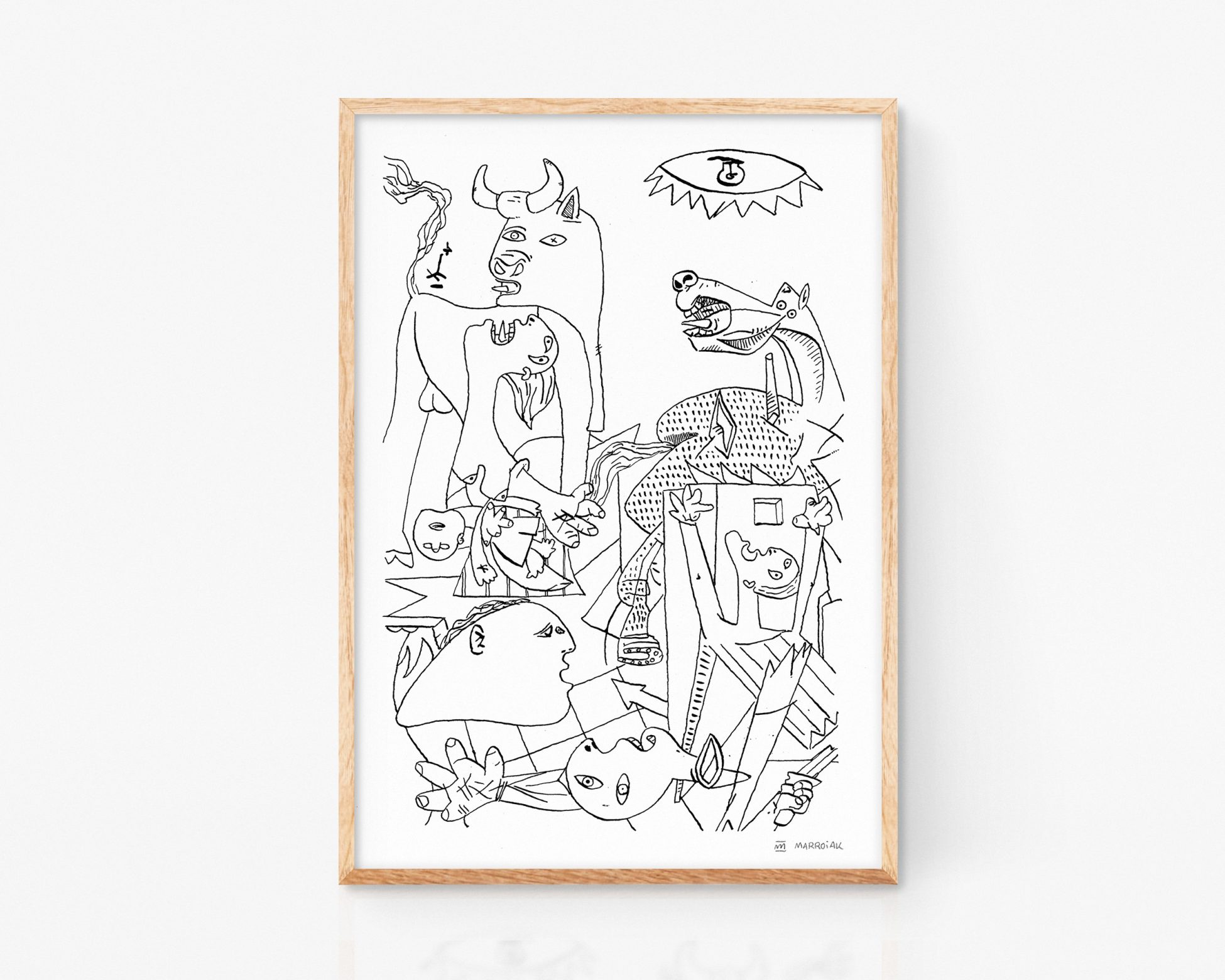 Guernica Prints. Black and white illustration of the artist Pablo Picasso Guernica´s painting. Minimalist and nordic decor poster. Hand drawn wall art product available online.
