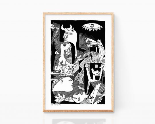 Cuadro ilustración decorativa para enmarcar con una lámina del Guernica del artista Pablo Picasso en blanco y negro versionada por Marroiak. Esta print pertenece a la colección de arte contemporáneo, abstracto y cubista.