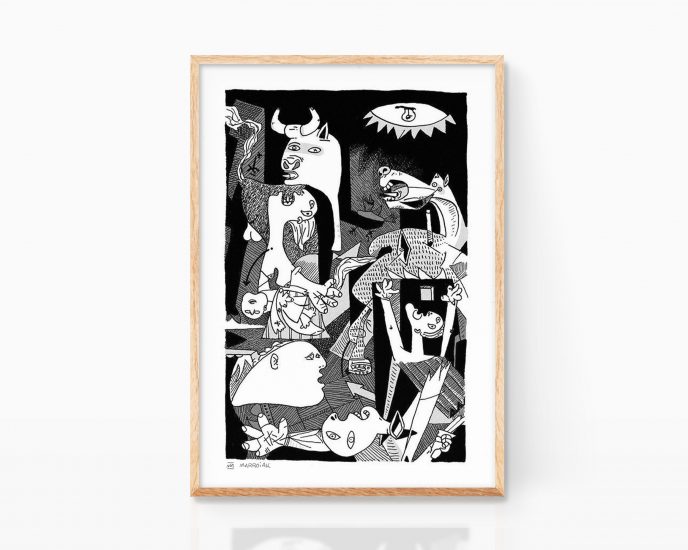 Lámina con una ilustración del Guernica, una de las obras de arte más conocidas de Pablo Picasso. Cuadro para enmarcar con poster abstracto cubista