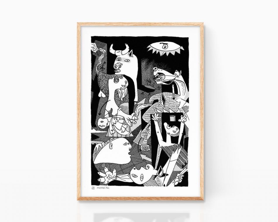 Guernica Pablo Picasso Remix illustration. Signed giclée print. Black and white cubism painting poster. Contemporary Spanish Art.