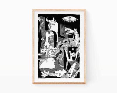 Decorative illustration picture to frame with a print of the Guernica of the artist Pablo Picasso in black and white versioned by Marroiak. This print belongs to the collection of contemporary, abstract and cubist art.