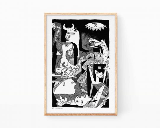 Cuadro ilustración decorativa para enmarcar con una lámina del Guernica del artista Pablo Picasso en blanco y negro versionada por Marroiak. Esta print pertenece a la colección de arte contemporáneo, abstracto y cubista.