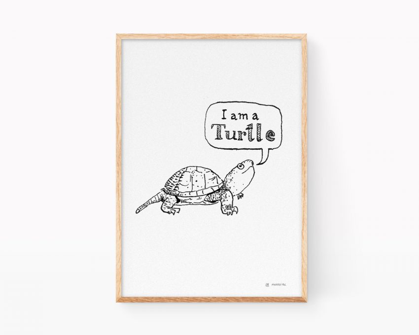 Happy turtle drawing. Signed black and white fne art print. Funny home decor for kids