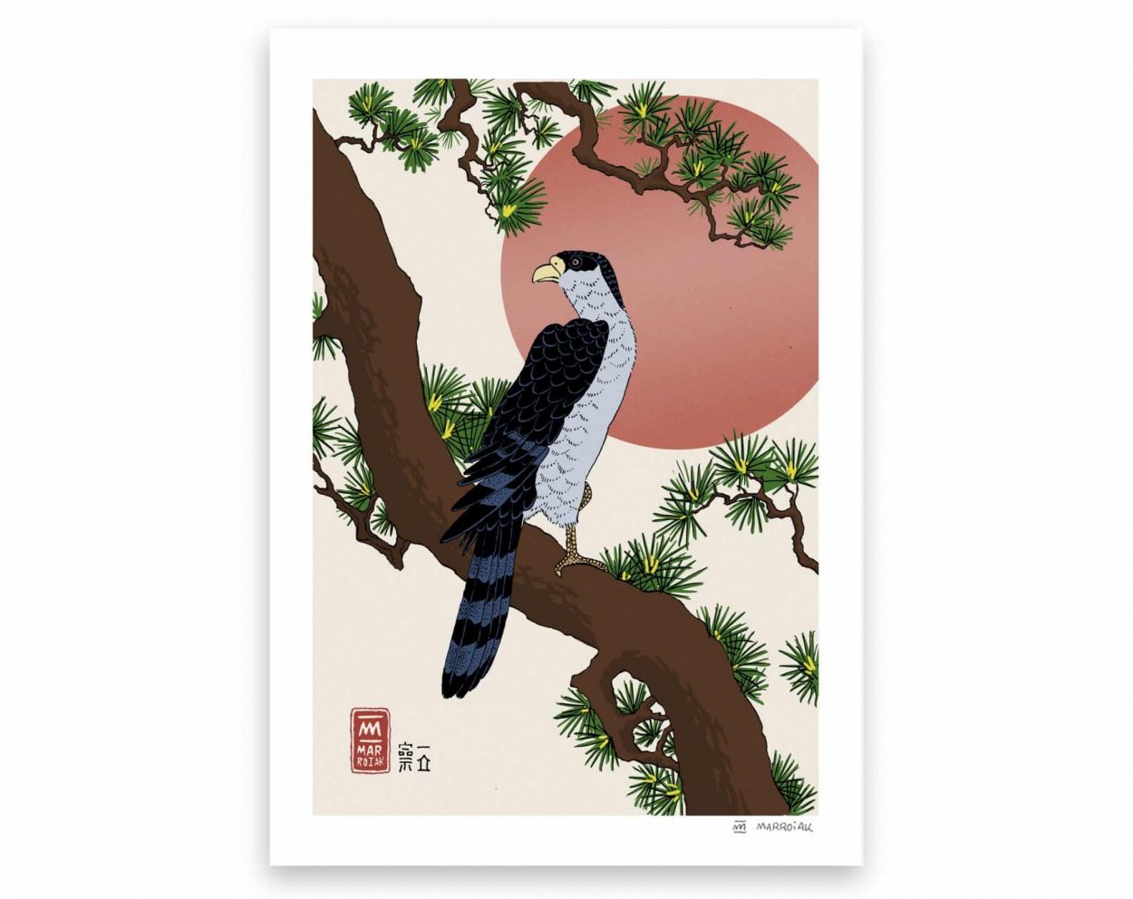Halcón en una rama de pino - Versión de la estampa japonesa (ukiyo e) - Ilustración, dibujo. Japón. Hiroshige