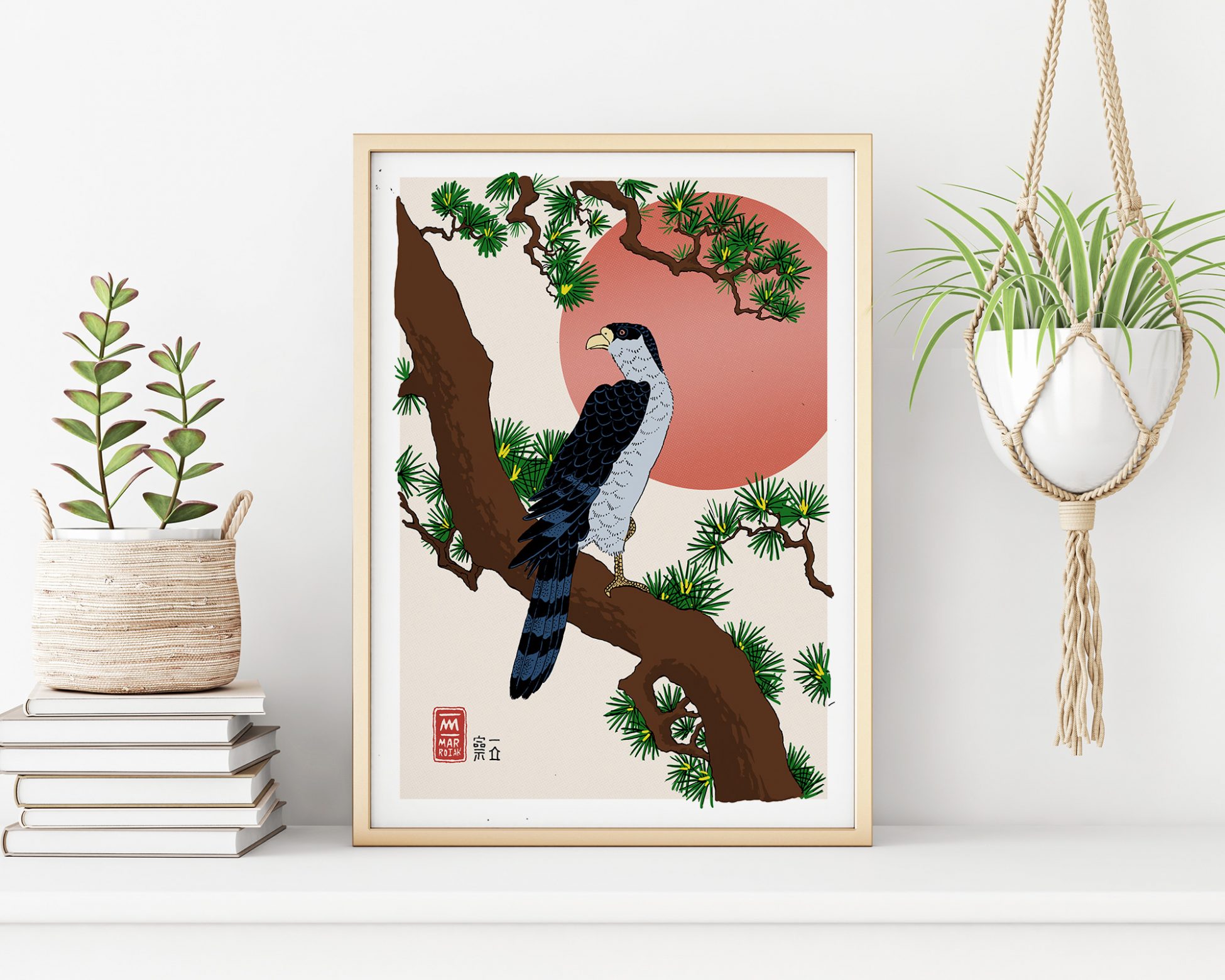 Versión de la obra de arte japonesa Halcón sobre una rama de pino. Ilustración en tinta sobre papel. Arte japonés estampa ukiyo-e