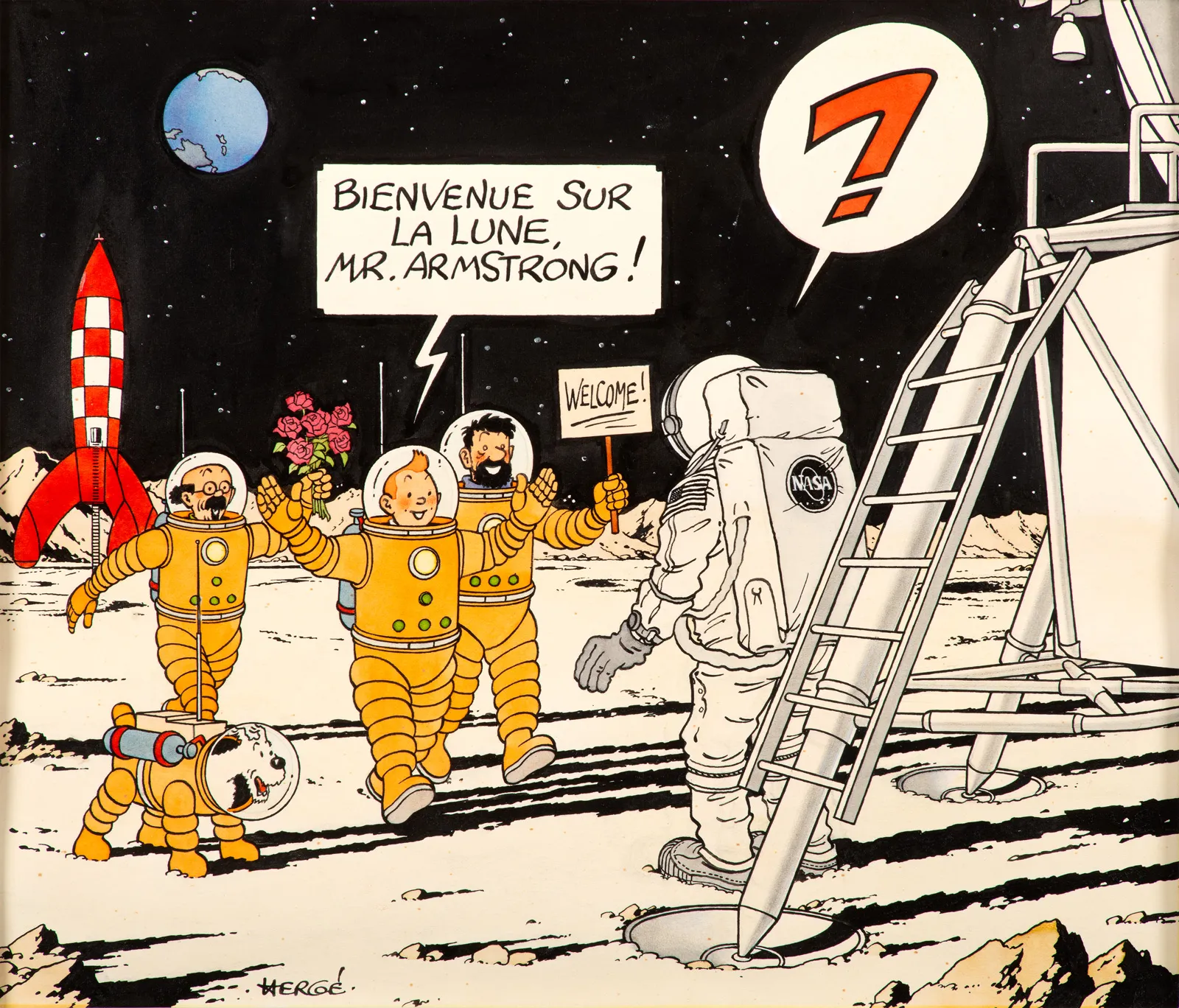 Ilustración original Tintin homenaje a la Nasa y Neil Armstrong