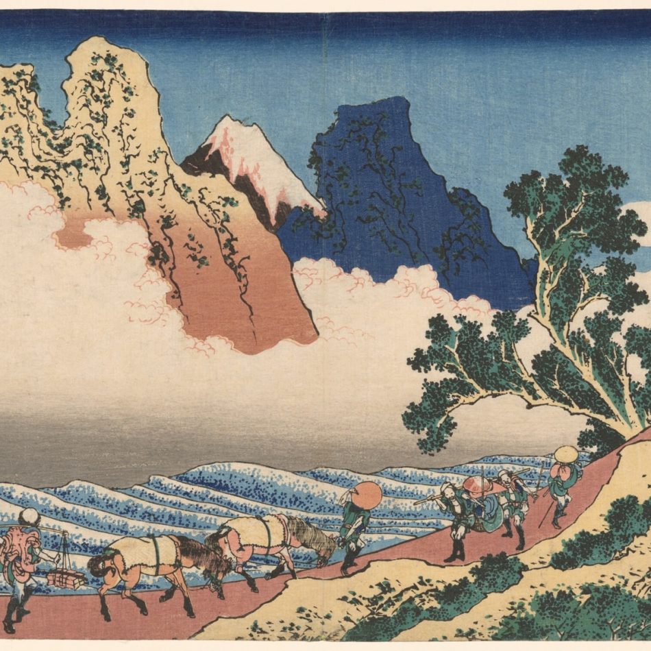 Obra de Katsushika Hokusai, maestro de la ilustración japonesa Ukiyo-e. Paisaje de montañas, niebla y mar