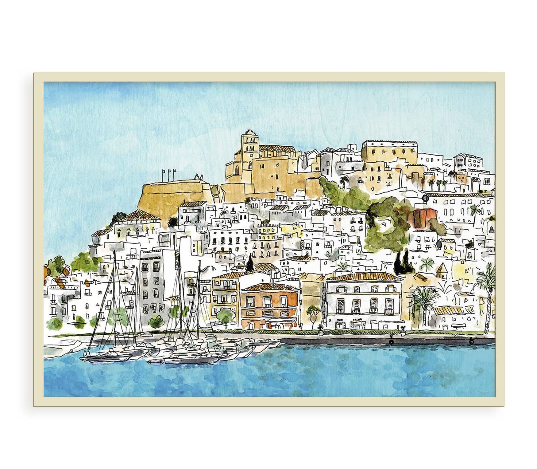 Lámina con una ilustración de Dalt Vila en la isla de Ibiza, Baleares (España). Dibujo en acuarela y tinta. Cuadro decorativo para enmarcar