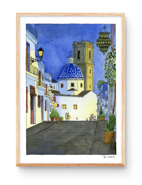 Lámina iglesia de Altea por la noche en el centro histórico. Ilustración paisaje en acuarela