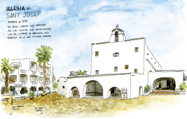 Dibujo de la iglesia de San José de Sa Talaia, Ibiza. Lámina para enmarcar.