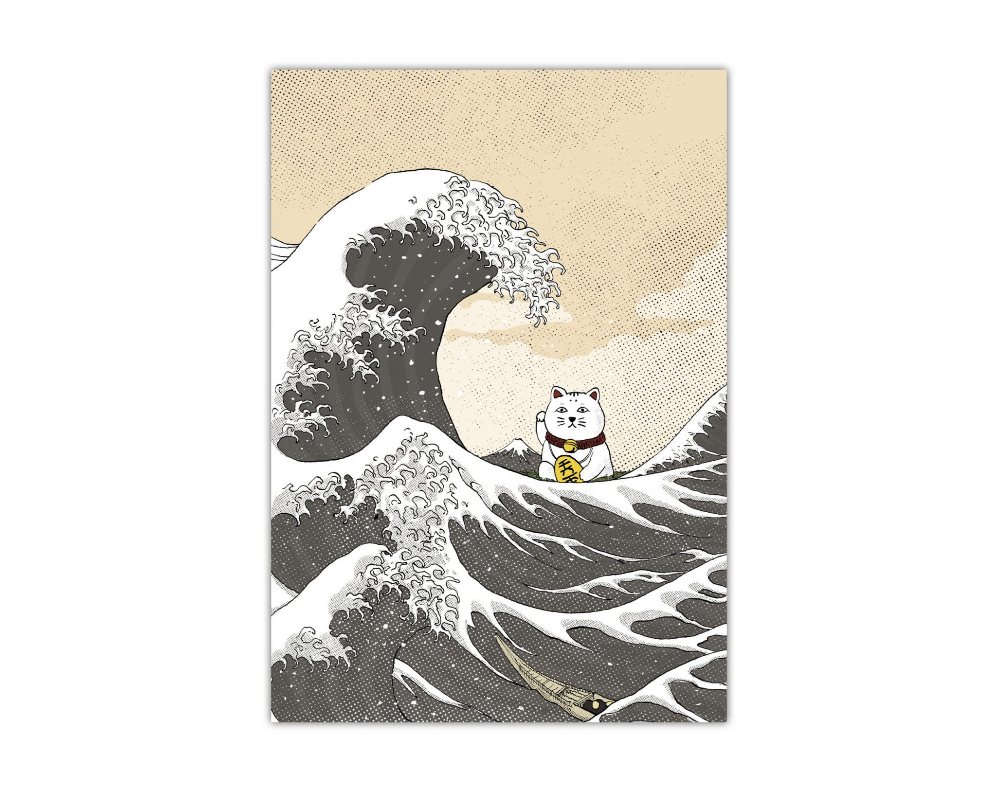 Lámina con una ilustración de el gato de la suerte (maneki neko) y el dibujo de La Gran Ola de Hokusai