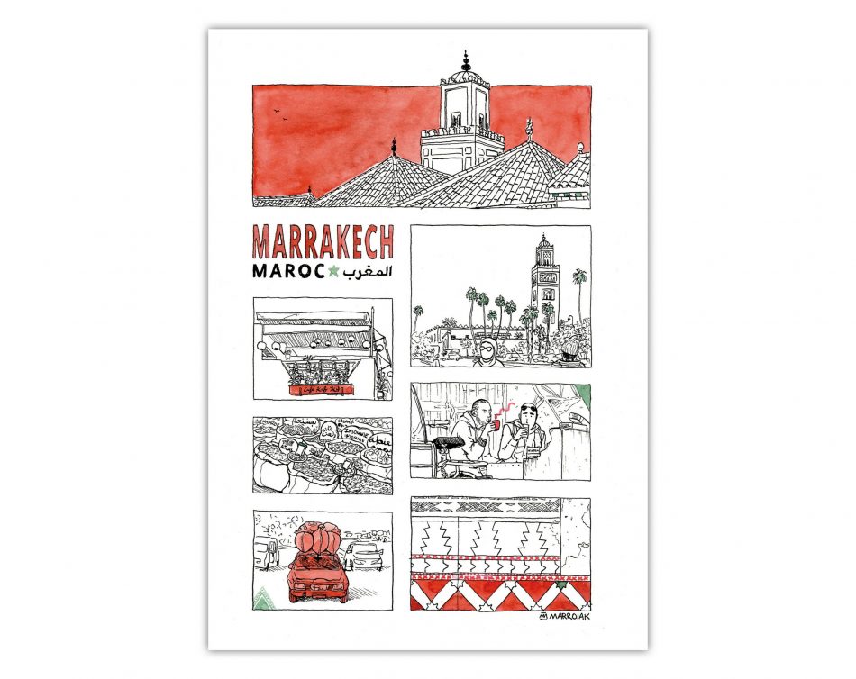 Dibujo estilo cómic de la ciudad de Marrakech, Marruecos. Ilustración en blanco, negro y rojo. Tinta y acuarela sobre papel. Medina