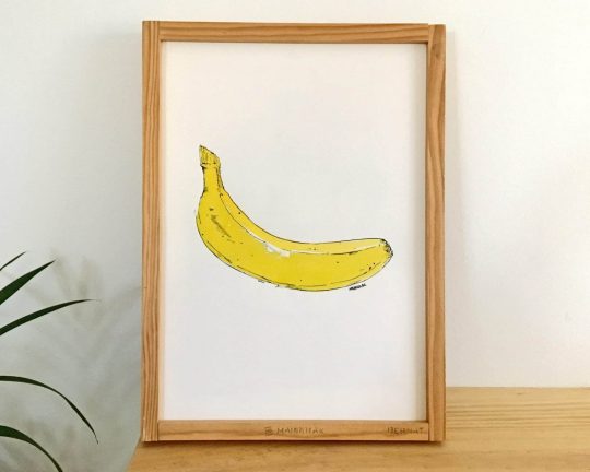 Dibujo original enmarcado de un plátano o banana en acuarela y tinta sobre papel - Recuerda al de la Velvet Underground de Andy Warhol