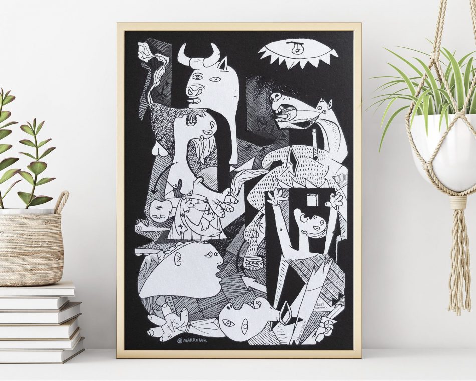 Cuadro decorativo con una serigrafía del guernica de Pablo Picasso en vertical. Arte cubista contemporaneo. Obra original. Comprar online