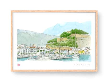 Illustration à l'aquarelle du port de Dénia (Marina Alta).