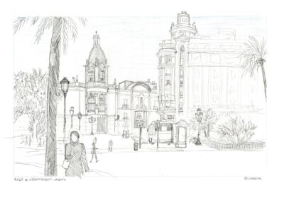 Sketches of Valencia. Black and white illustration of the City Hall Square in the city. Streets, buildings and palm trees