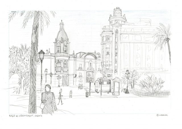 Bocetos de Valencia. Ilustración en blanco y negro de la Plaza del ayuntamiento en la ciudad. Calles, edificios y palmeras