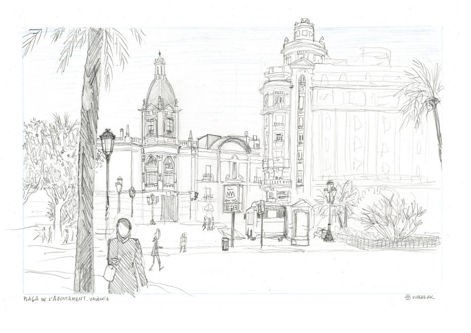 Bocetos de Valencia. Ilustración en blanco y negro de la Plaza del ayuntamiento en la ciudad. Calles, edificios y palmeras