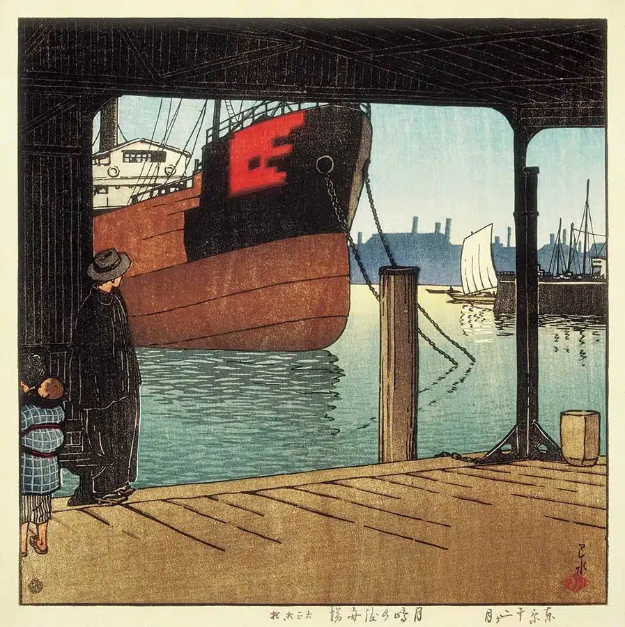 Dibujo de Hasui Kawase paisaje ukiyo-e puerto