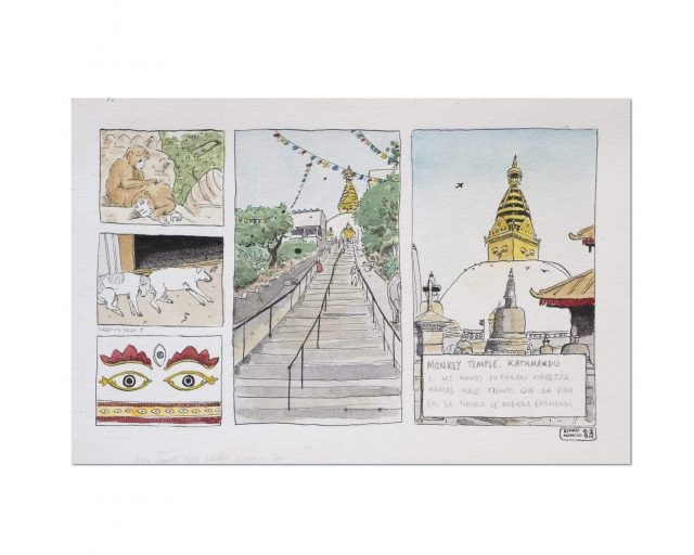 Dibujo original en tinta y acuarela sobre papel de la ciudad de Katmandú en Nepal. Aparecen un perro, una stupa y unos monoos