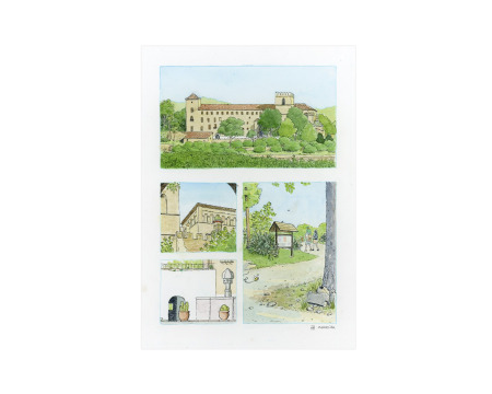 Original watercolor illustration of Sant Jeroni de Cotalba Monastery in Alfahuir, La Safor (Valencia, Spain)