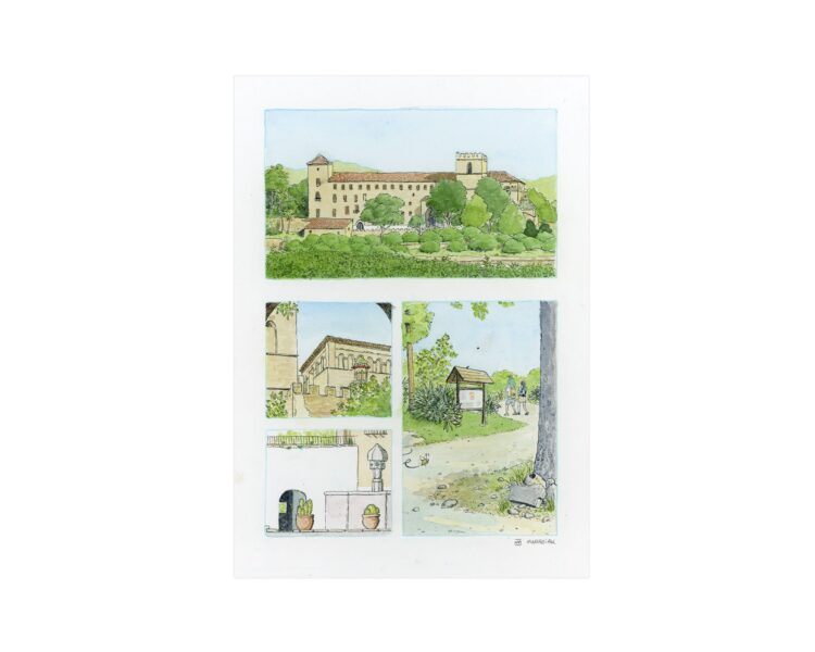 Ilustración original acuarela de Sant Jeroni de Cotalba Monasterio en Alfahuir, La Safor (Valencia)