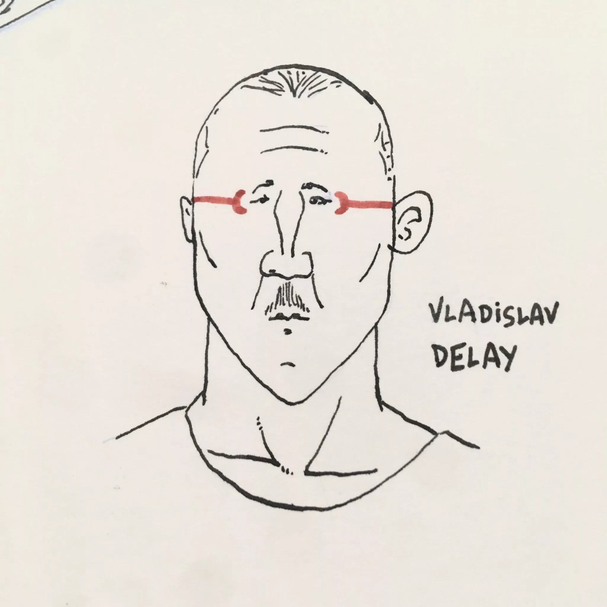 Boceto de un retrato en blanco, negro y rojo del dj y productor Vladislav Delay. Dibujo e ilustración.