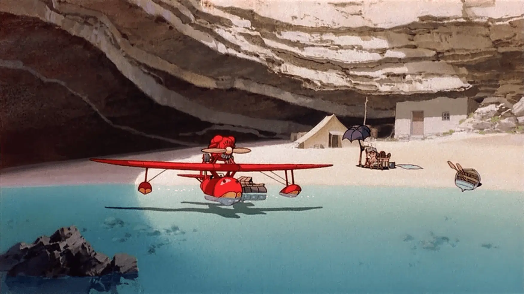Escena Porco Rosso en la playa,película de animación de Studio Ghibli. Paisajes de estilo manga.