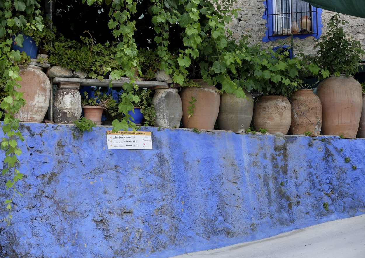 Macetas y muro azul en la vall de gallinera, Marina Alta (Alicante)