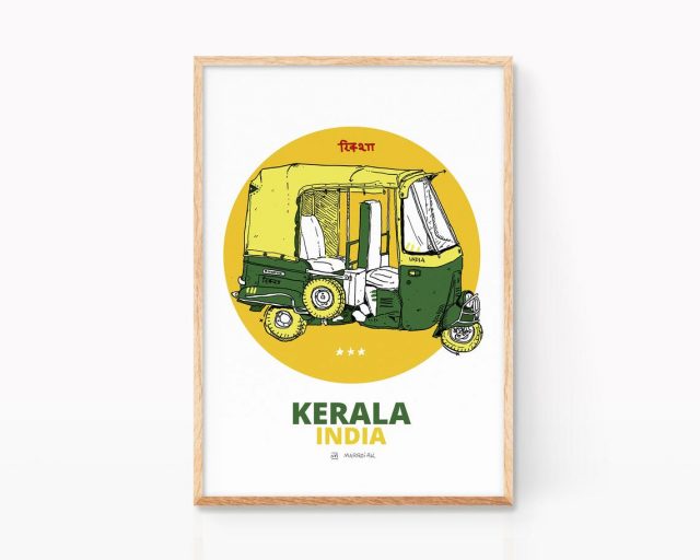 Lámina con el dibujo de un rickshaw de Kerala India. Ilustración de viaje. Souvenir