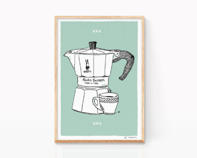 Poster for kitchen. Picture to frame with a Pop Art illustration of an Italian Bialetti coffee maker. Drawing on turquoise background of contemporary art and boho, Scandinavian and Nordic style.
