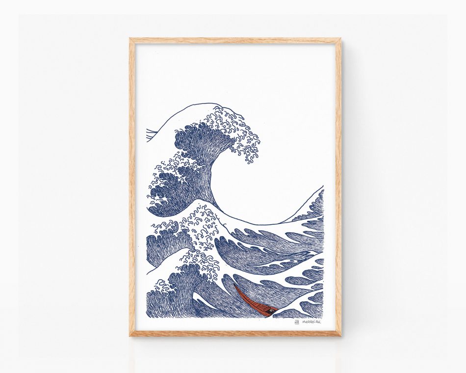 Cuadro decorativo para enmarcar con una Ilustración ukiyo-e de la Gran ola de kanagawa del artista japonés KatsushikaHokusai. Prints de Pop Art y dibujo minimalista para decoración moderna y contemporánea.