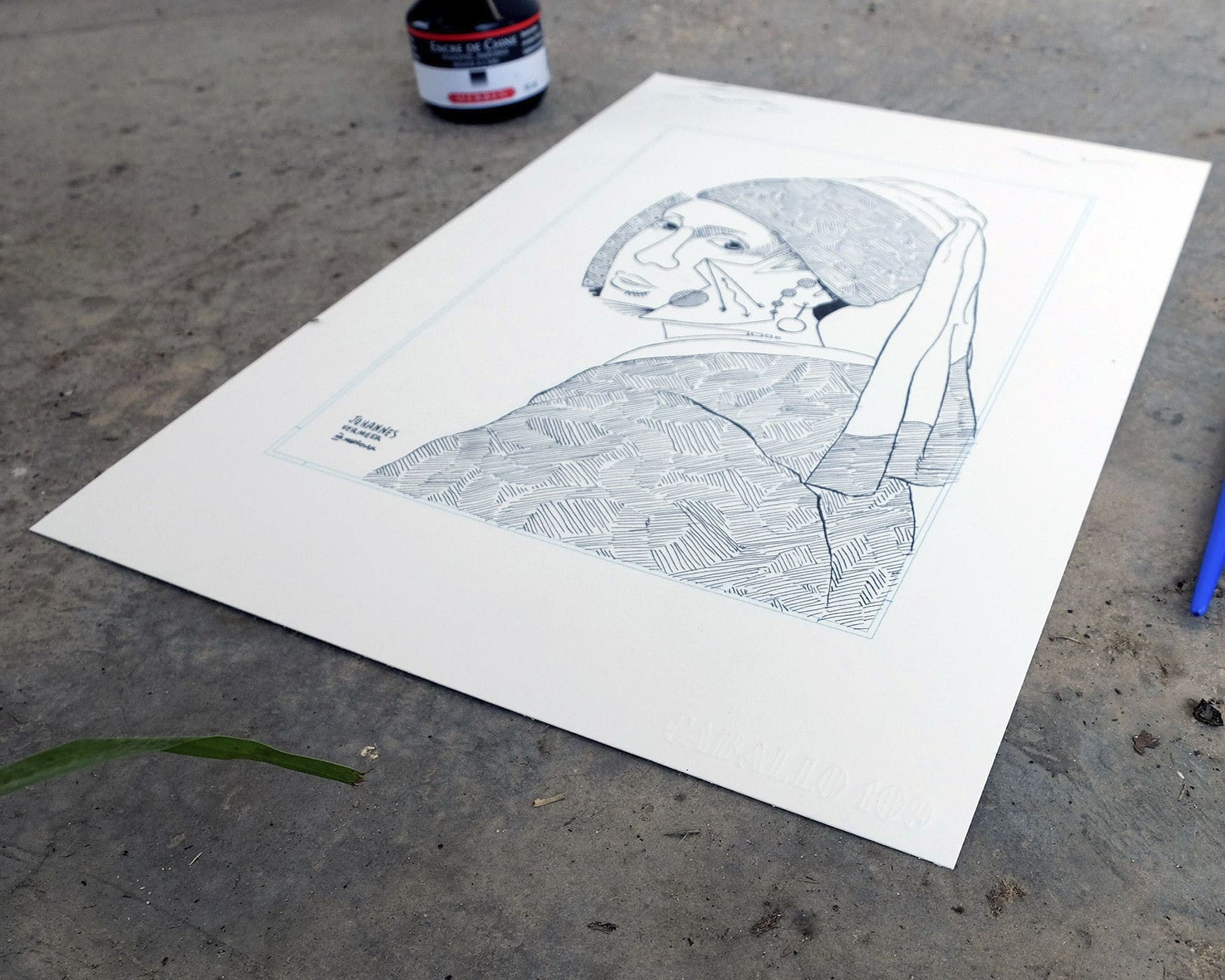 Detail of a version of Johannes Vermeer's The Girl with the Pearl Earring. Illustration in ink on black and white paper.