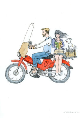 la mobylette pareja original dibujo subasta de arte