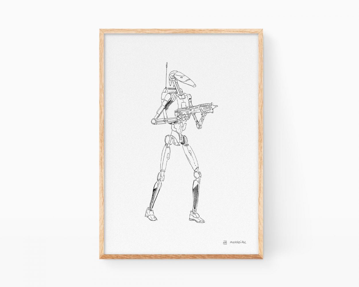 Lámina print Droide de combate B1 de la saga Star Wars dibujo blanco y negro. Poster de personajes de la Guerra de las Galaxias