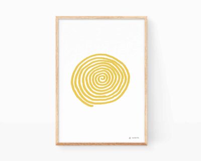 Picture to frame with an illustration of a mustard-colored spiral on white. Minimalist drawings to decorate.