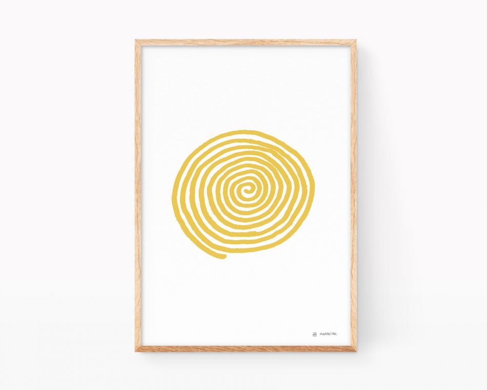 Wood fram with an illustration of a mustard colored spiral on white. Minimalist drawings to decorate.