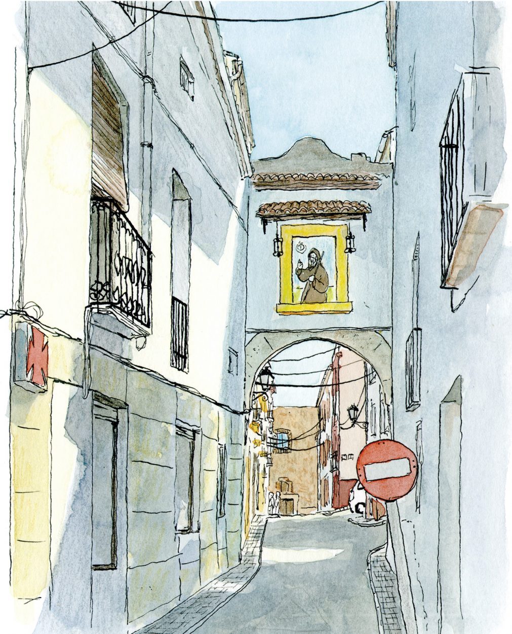 Lámina decorativa con una ilustración en acuarela de la calle carrer de la Iglesia en el municipio de Oliva (Valencia). Dibujo hecho a mano, cuadro para enmarcar