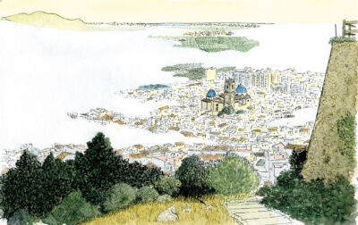 Cuadro para enmarcar con un dibujo de un paisaje en acuarela del municipio de Oliva (Valencia) despertando entre niebla. Ilustraciones originales de la Safor basadas en fotos.