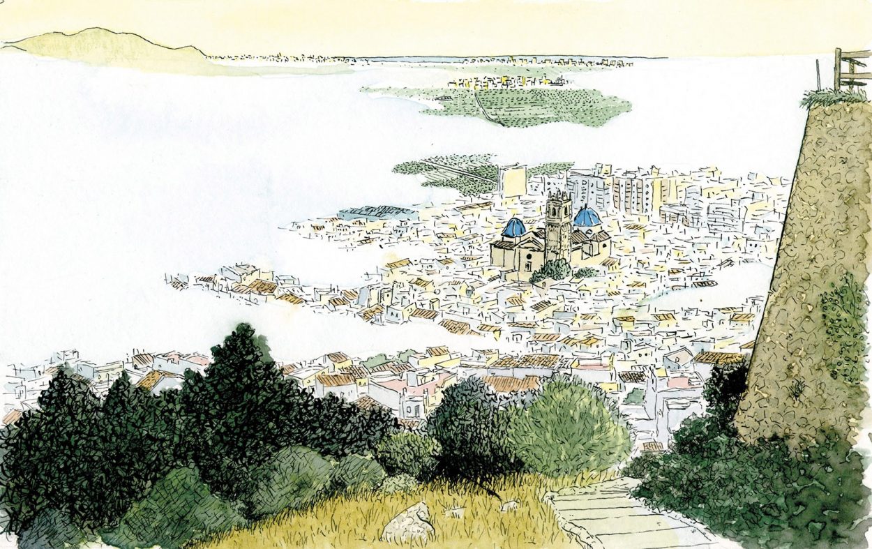 Cuadro para enmarcar con un dibujo de un paisaje en acuarela del municipio de Oliva (Valencia) despertando entre niebla. Ilustraciones originales de la Safor basadas en fotos.