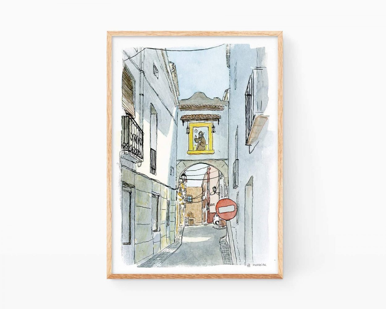 Cuadro para enmarcar con un dibujo en acuarela de una calle típica del municipio de Oliva en La Safor (La terreta) en la provincia de Valencia. Dibujos y fotos de Oliva pueblo (La Safor)
