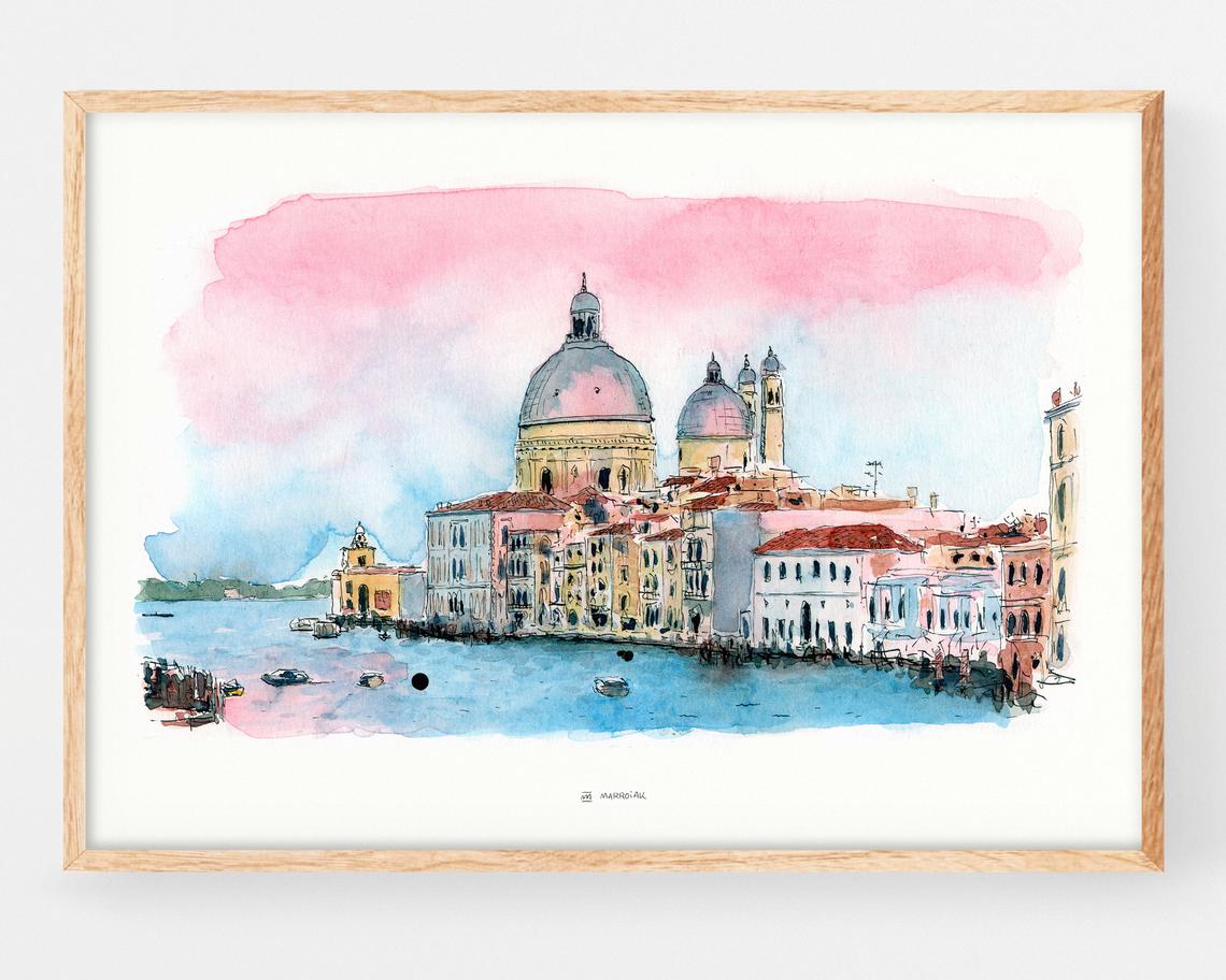 Cuadro decorativo con una ilustración de El Gran Canal en la ciudad de Venecia (Italia). Lámina con un dibujo para enmarcar realizado en tinta y acuarela de estilo rústico y Urban sketchers. Prints disponibles para comprar online.