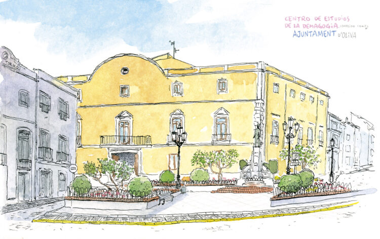 Lámina decorativa con una ilustración del ayuntamiento de Oliva en la provincia de Valencia y comarca de la safor