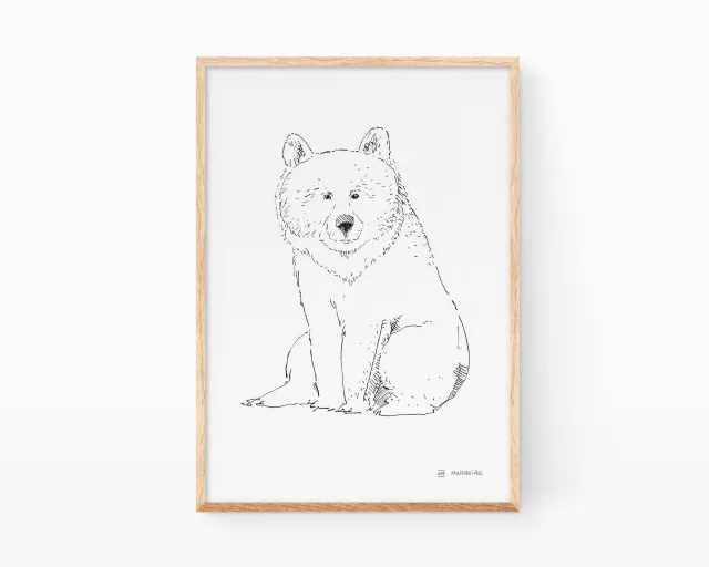 Lámina decorativa blanco y negro con un dibujo de un oso pardo.