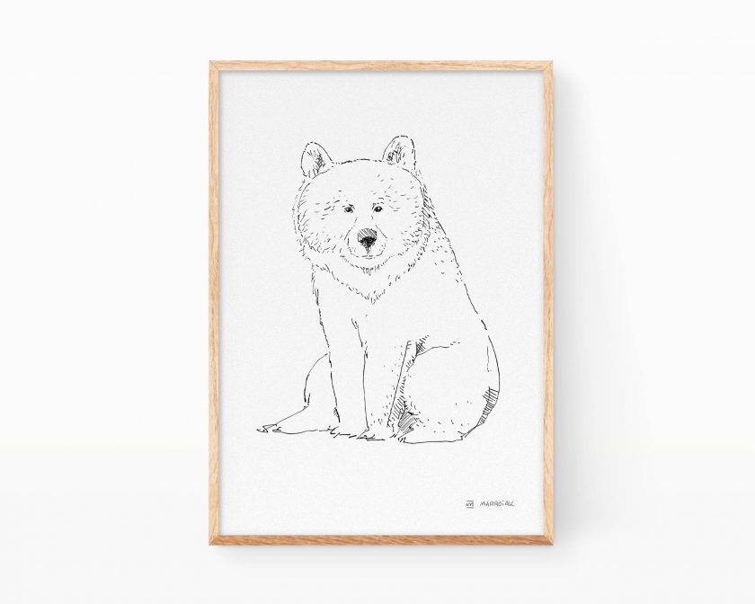 Lámina decorativa blanco y negro con un dibujo de un oso pardo.