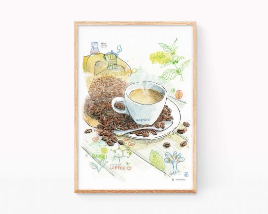 Lámina decorativa para cocinas con un dibujo en acuarela de una taza de café y granos. Cuadros con ilustraciones para enmarcar. Póster artístico de Marroiak