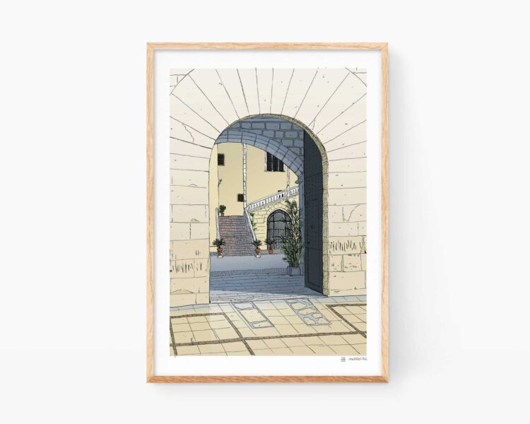 Print de Gandia del Palau Ducal de los Borgia. Entrada al palacete dibujada en tinta y color digital. Souvenirs de Valencia. Pueblos de La Safor