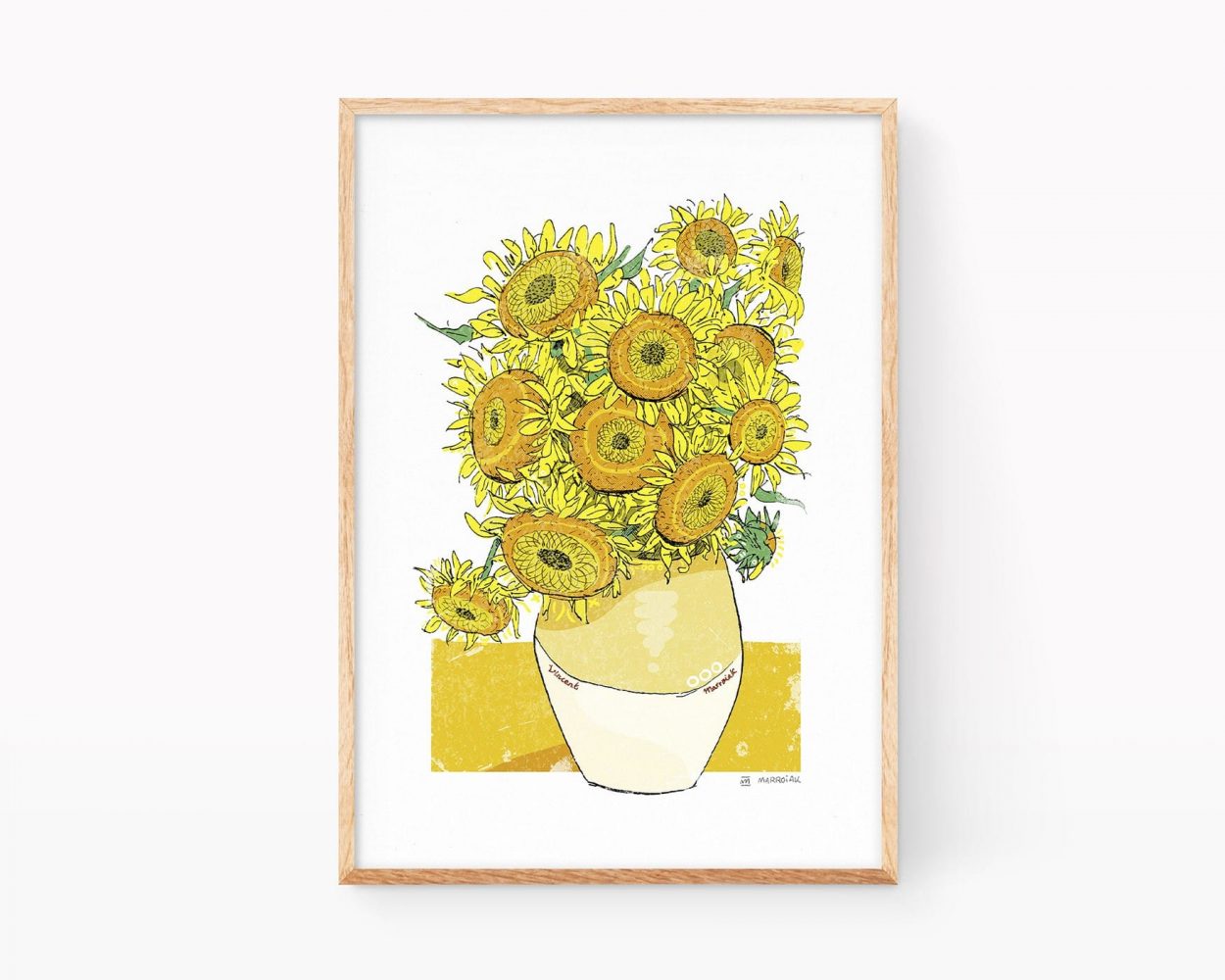 Cuadro remezclado de la pintura los Girasoles de Vang Gogh. Lámina (print) de una naturaleza muerta con ilustración de color naranja sobre fondo blanco. Pósters de arte contemporáneo.