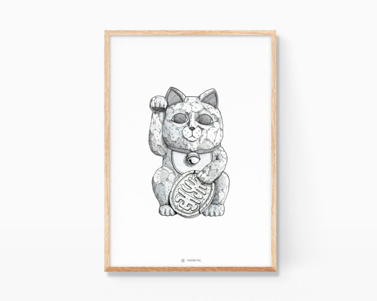 Cuadro decorativo Ilustración de un gato de la suerte Maneki Neko japonés. Impresión de arte. Dibujos de gatos.