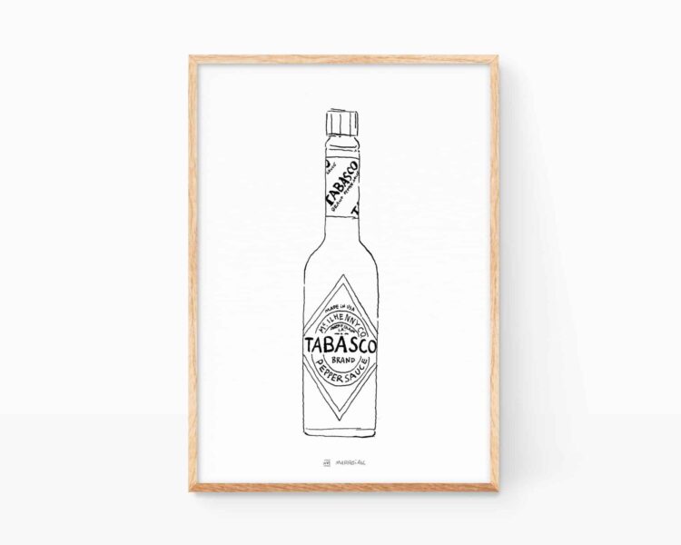 Cuadro en blanco y negro para cocinas. Lámina para enmarcar con un dibujo de una botella de Tabasco típico de gastronomía americana y mexicana picante. Ilustración exclusiva venta online
